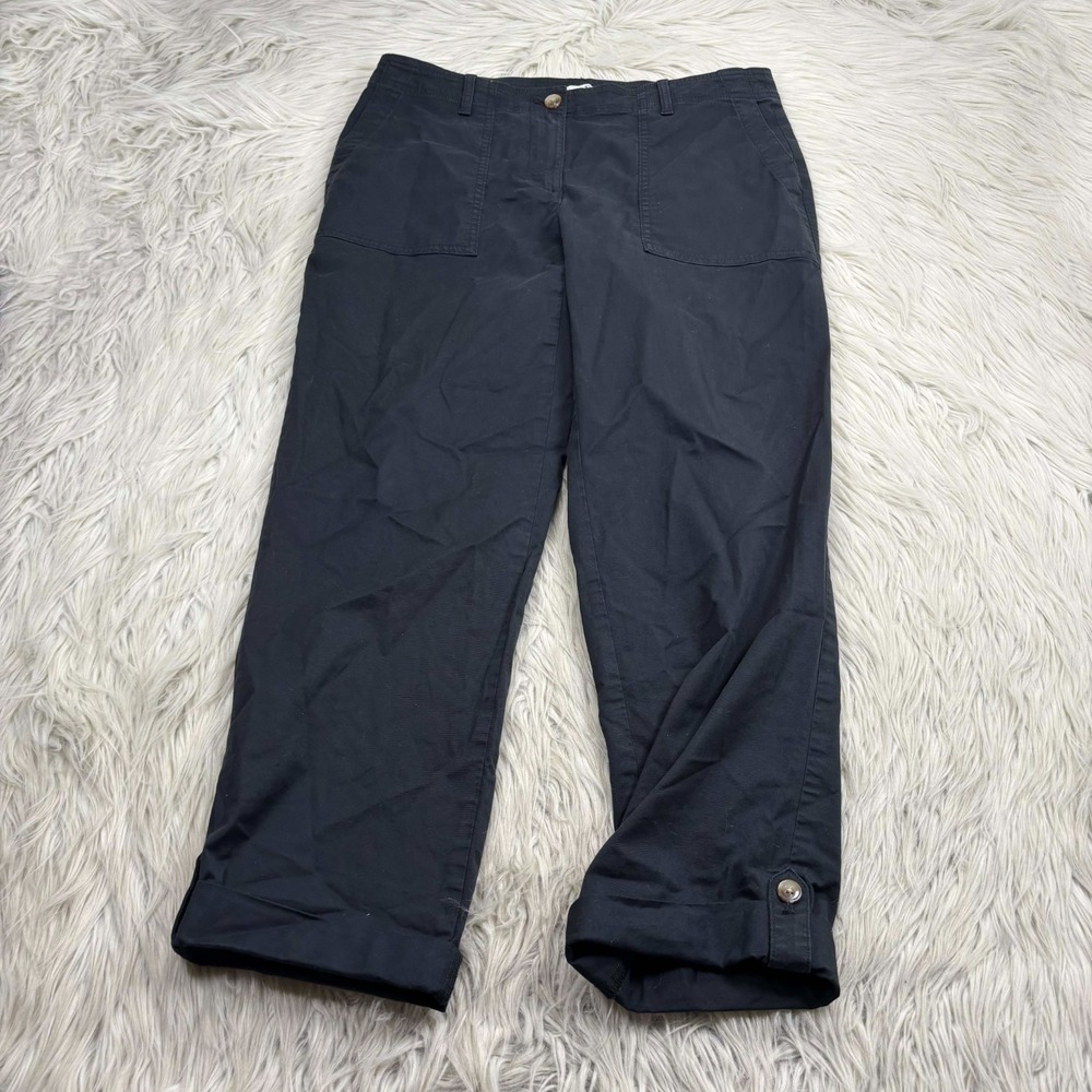 J. Jill Women's 8 Black Twill Utility Ankle Pants Cotton Classic Roll-Tab Hems